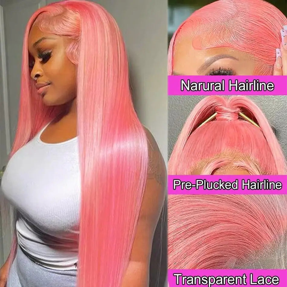 Pink Straight HD Lace Front Human Hair Wig 250% Density – 30 Inch