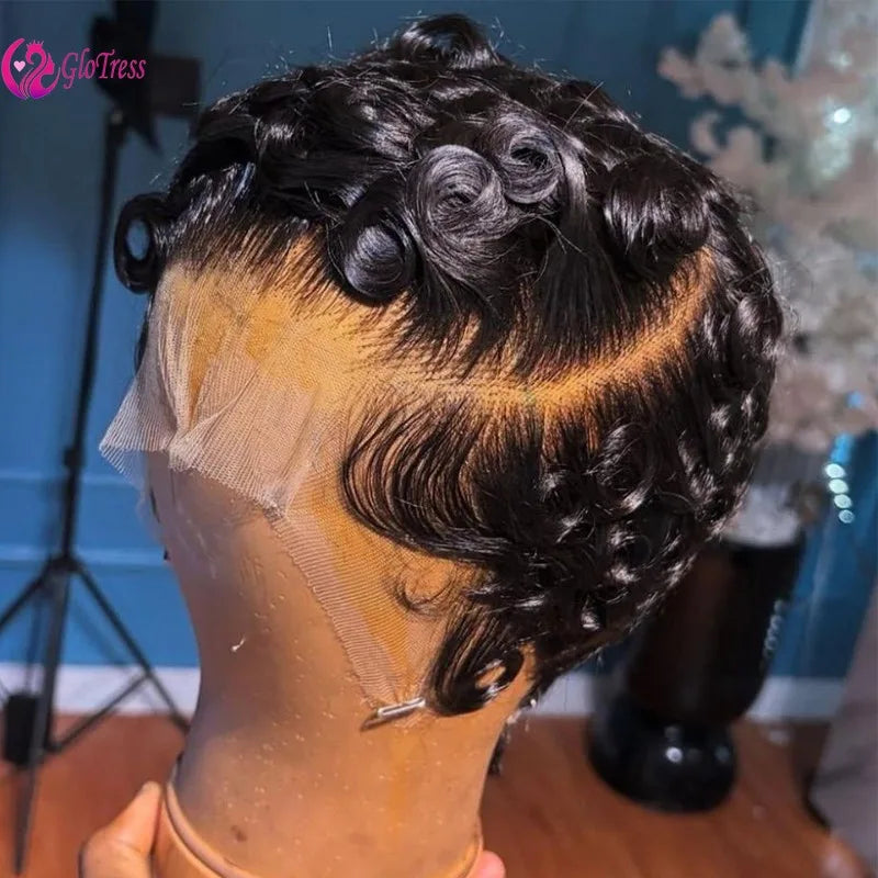 GloTress 13x4 Lace Frontal Pixie Cut Human Hair Wig (Wavy) – 180% Density, 4 Inch, Pre-Plucked Baby Hair