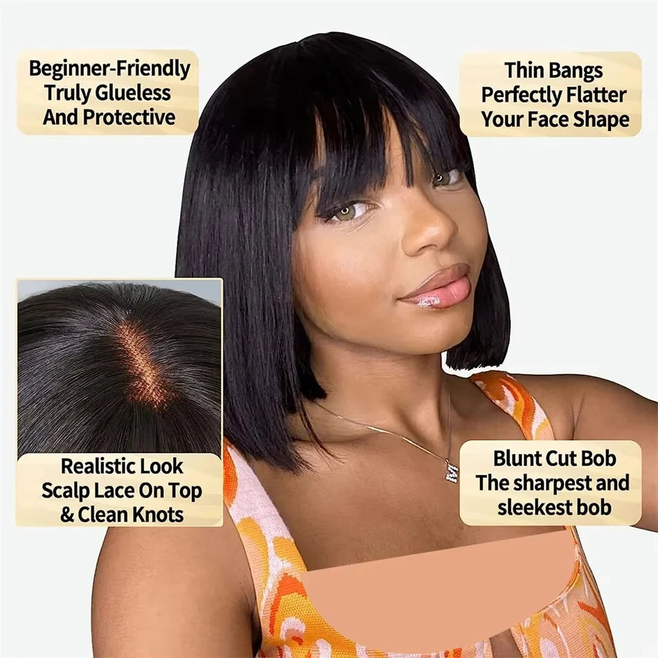 1B Straight Bob Human Hair Wig (Full Machine, Remy, Bleached Knots)