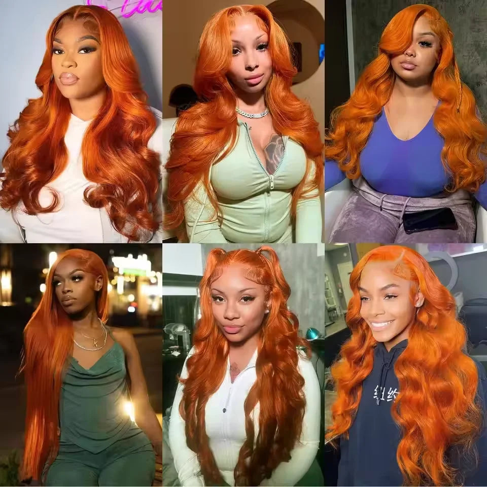 Ginger Orange 13x6 HD Lace Front Body Wave Human Hair Wig (30") – 200% Density, Pre-Plucked Hairline
