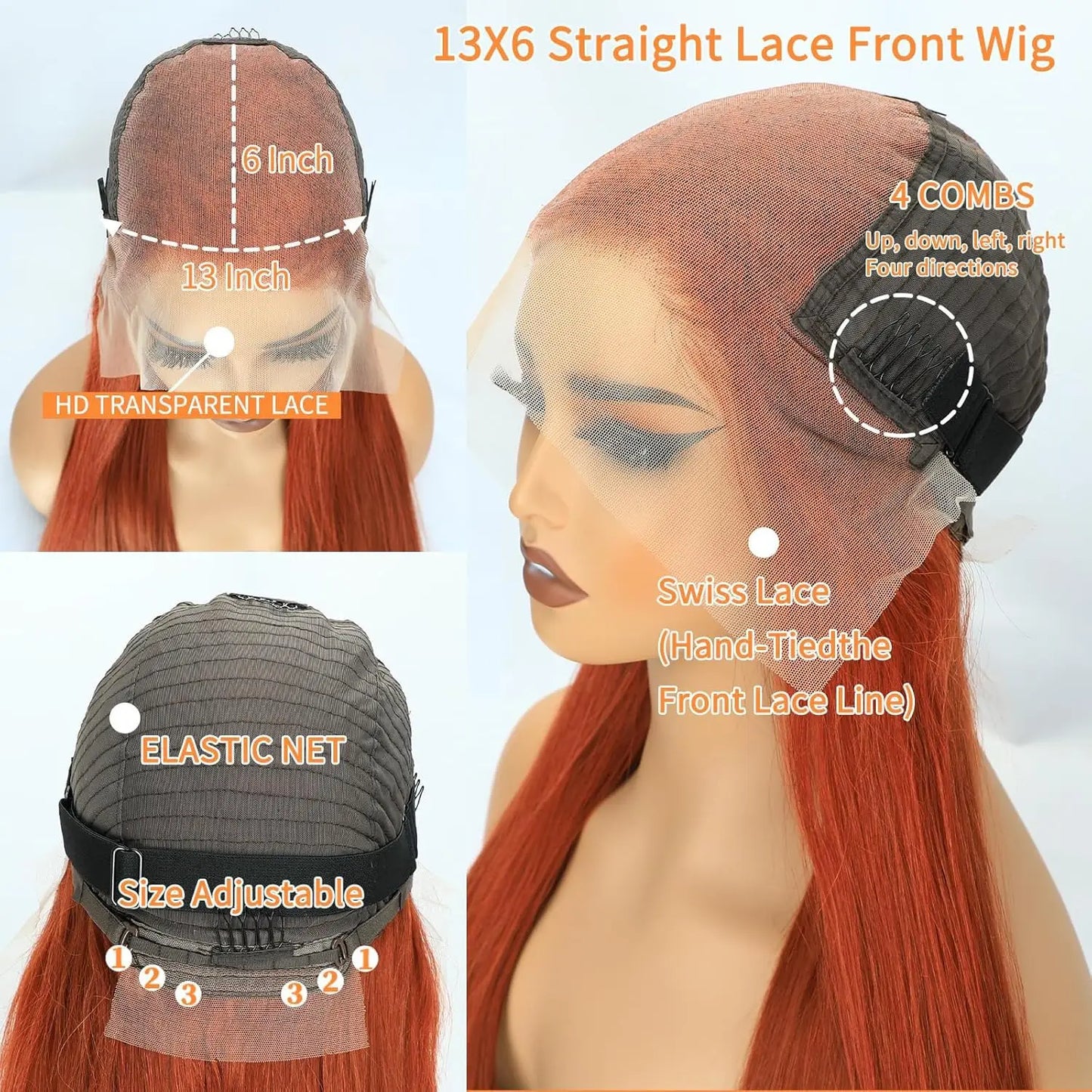 Ginger 13x6 HD Lace Front Wig – 100% Human Hair, Straight #350 Color, Pre-Plucked Hairline (220% Density)