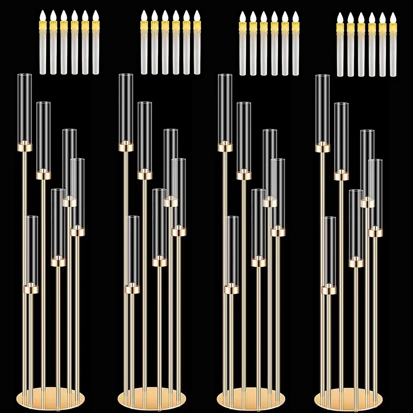 4PCS 46" Tall Metal Floor Candlestick Holders with 24 LED Candles – Wedding, Party & Event Centerpiece Décor