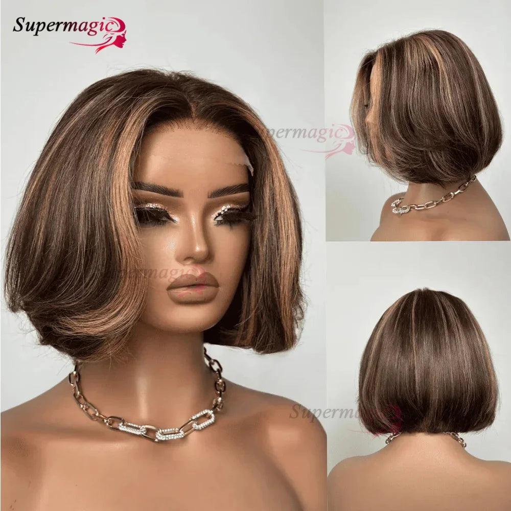 13x4 Frontal Wig – Trendy Layered Highlight Piano Color Human Hair Bob Wig for Women