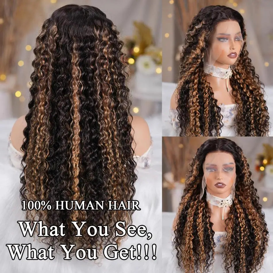 Highlight Curly 13x6 HD Lace Frontal Wig – P4/27 & 1B30 Ombre Deep Wave Human Hair (30–36 inch)