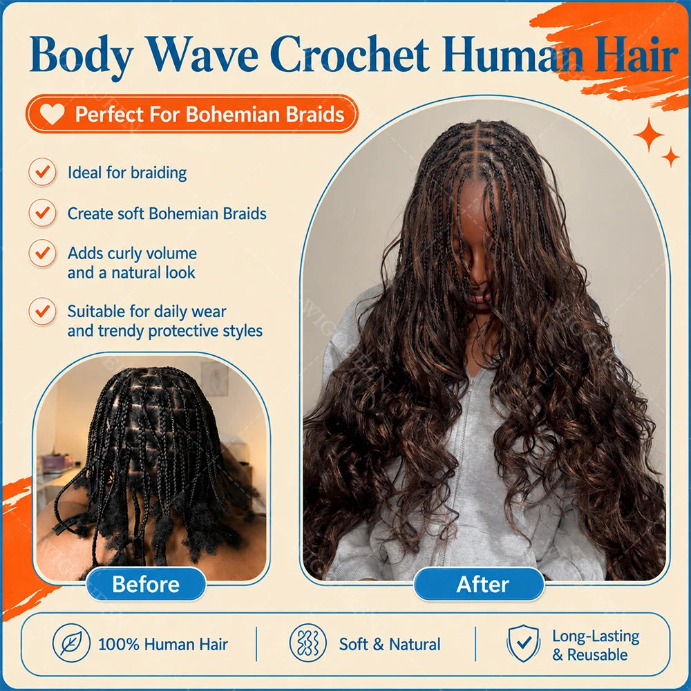 15A Body Wave Crochet Hair Extensions – Remy Human Hair Knotless Pre-Separated Miracle Knot Boho Braids