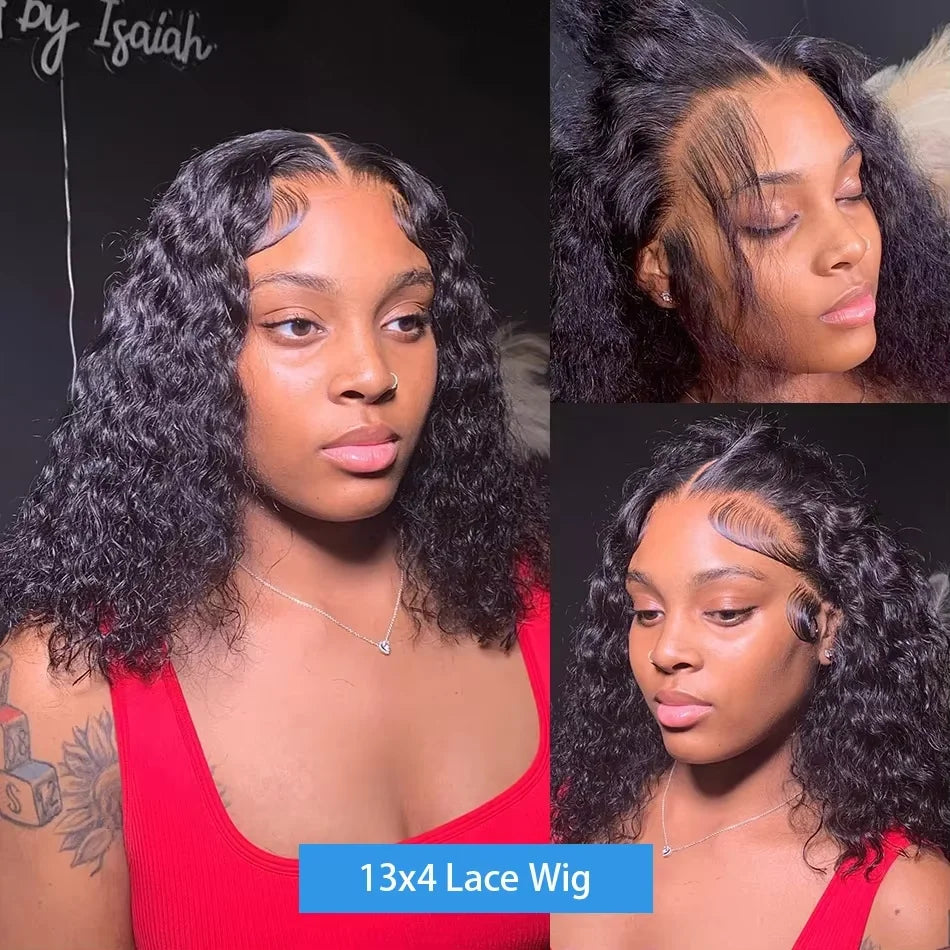 Luxexuan 200% Density Curly Bob 13x4 Lace Front Human Hair Wig (Deep Wave, Vietnamese Remy, Short 4–16 Inch)