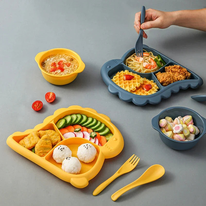 Dinosaur Baby Tableware Set – Large 3-Compartment Plate with Spoon & Fork for Balanced Meals