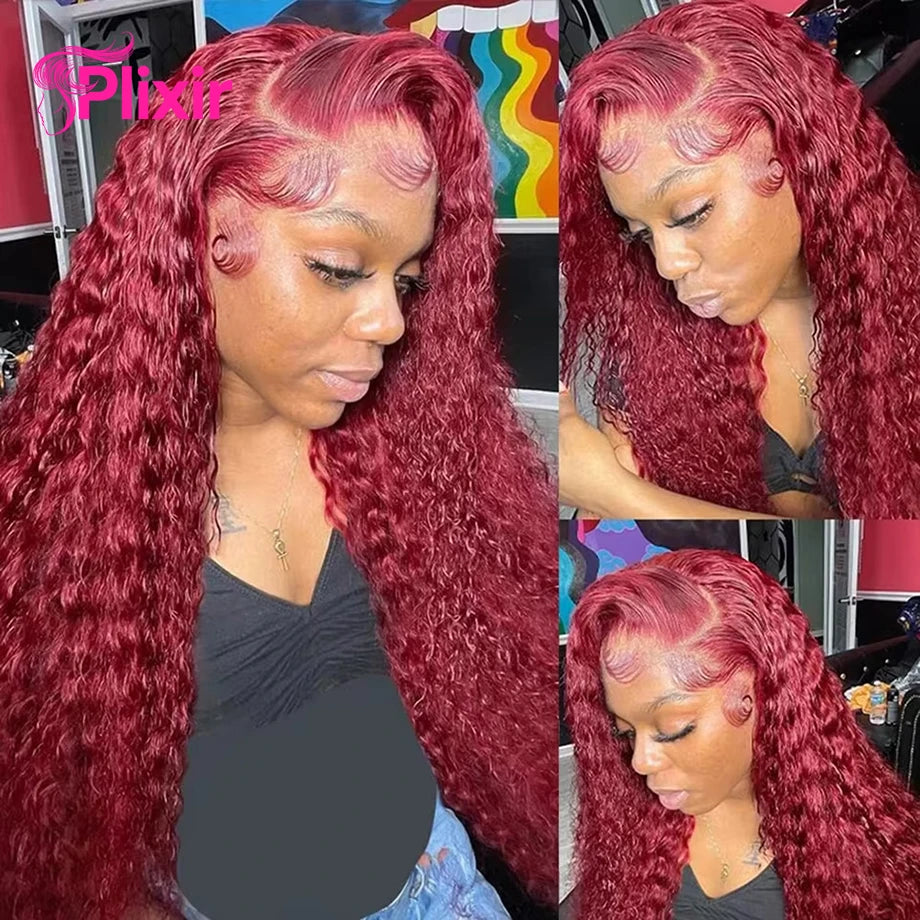 99J Burgundy Deep Wave HD Lace Front Human Hair Wig (13x6 / 13x4, Brazilian Remy, 30”)