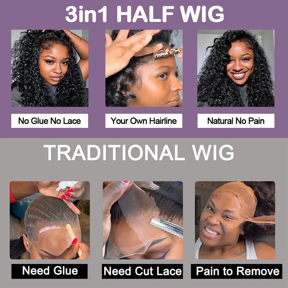3-in-1 Drawstring Glueless Half Wig (Flip-Over Part) | 100% Remy Human Hair | Deep Wave Water Curly 18–24"