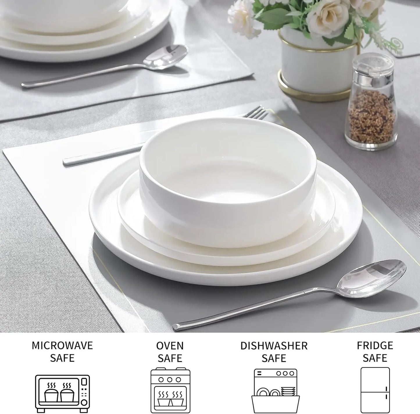 12-Piece White Porcelain Dinnerware Set – Plates & Bowls for 4, Microwave Safe