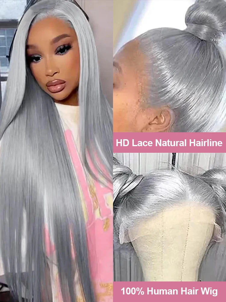 40” Silver Grey Straight HD Lace Front Human Hair Wig (13x6 / 13x4, Brazilian Remy, Pre-Plucked)
