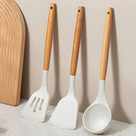 Silicone Kitchen Utensil Set with Wooden Handle – Nonstick Cooking Tools