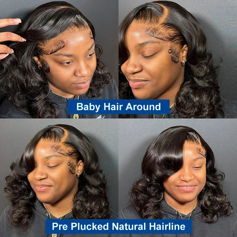 220% Density Body Wave Short Bob 13x4 HD Transparent Lace Front Human Hair Wig (1B Natural Black) – Pre-Plucked