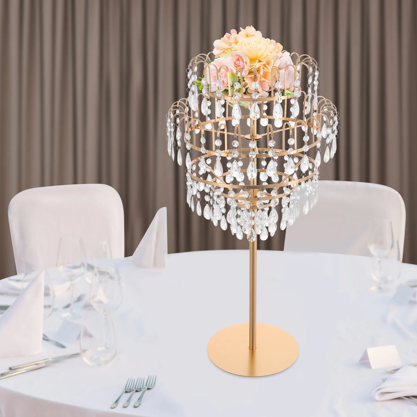 5-Tier Crystal Fountain Flower Stand – Silver & Gold Freestanding Centerpiece for Wedding, Party & Home Décor