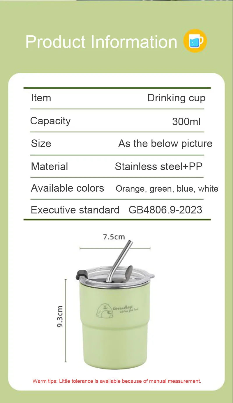 300ml Stainless Steel Tumbler with Straw & Lid – Portable Coffee Travel Mug