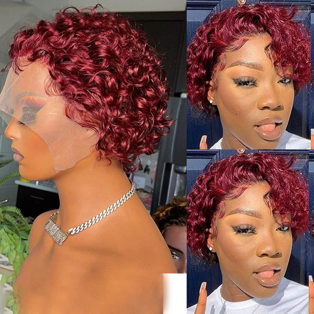 99J Burgundy Highlight Short Curly Pixie Cut Human Hair Lace Front Wig – Pre-Plucked 13×2 Bob Style