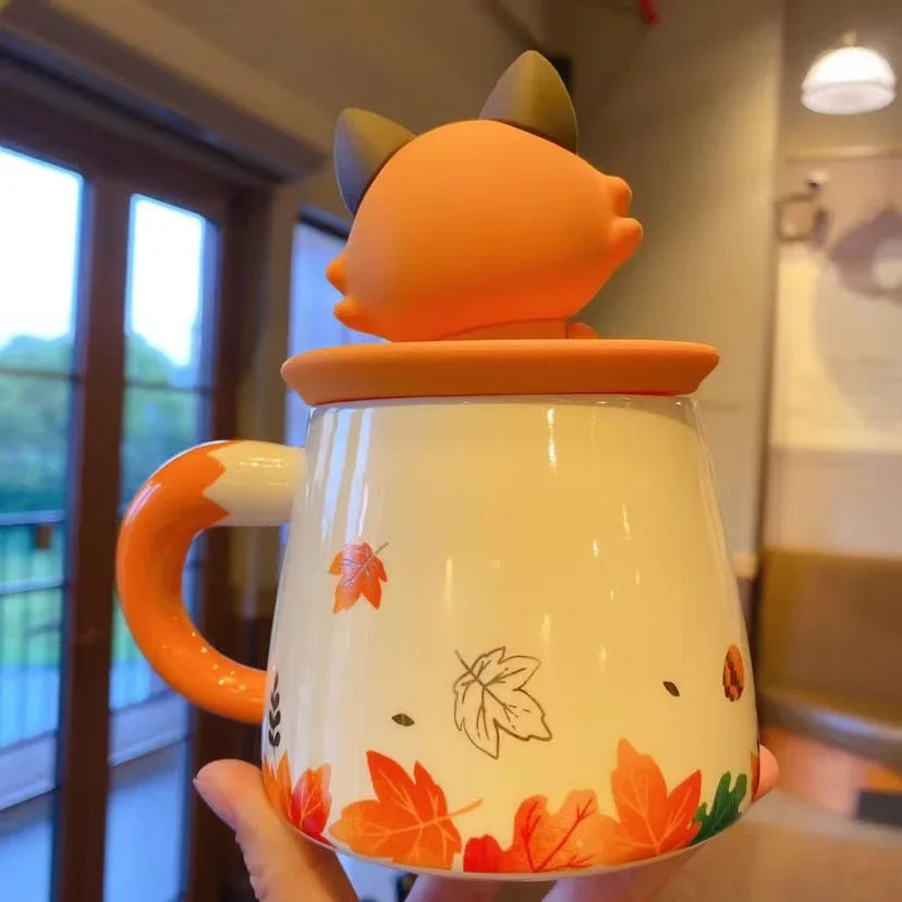 Autumn Forest Animal Ceramic Mug with Lid – Cute Fox, Rabbit & Squirrel Cup