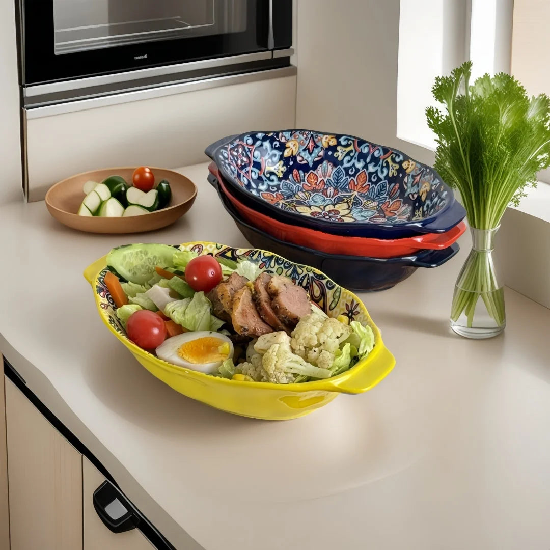 Bohemian Ceramic Plate Set – Double-Eared Fish Plates & High-Value Salad Dish for Home Dining and Cooking