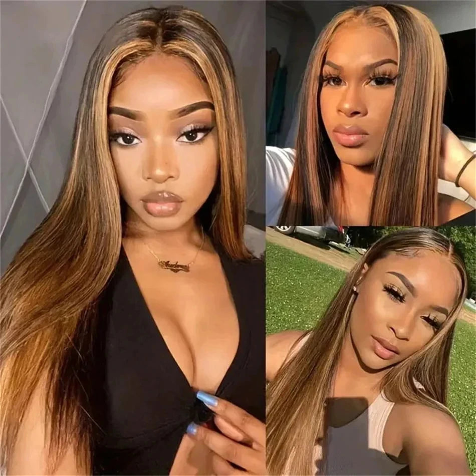 38" 4/27 Honey Blonde Ombre Straight HD Lace Front Human Hair Wig (13x6, Remy)