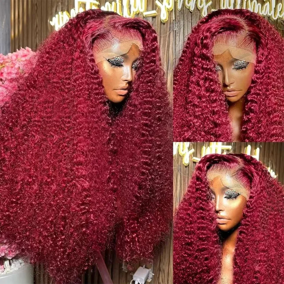 99J Burgundy Deep Wave HD Lace Front Wig – 13x6 & 13x4 Human Hair Frontal, Long Curly Red Wig