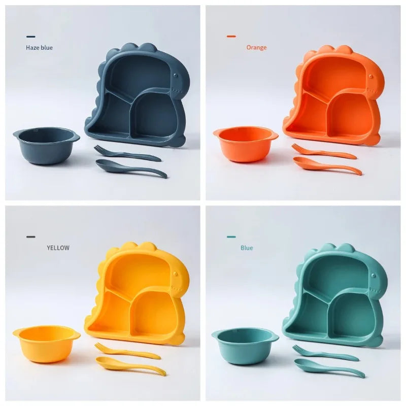 Dinosaur Baby Tableware Set – Large 3-Compartment Plate with Spoon & Fork for Balanced Meals