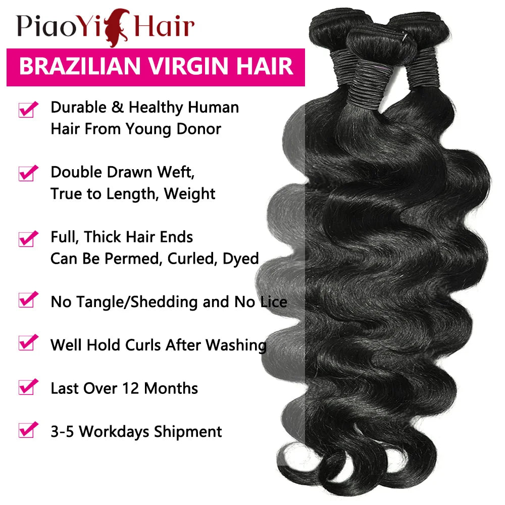 Body Wave Human Hair Bundles with Lace Closure | Brazilian Remy | 4x4 5x5 2x6 | 12-32 Inch | Natural Black