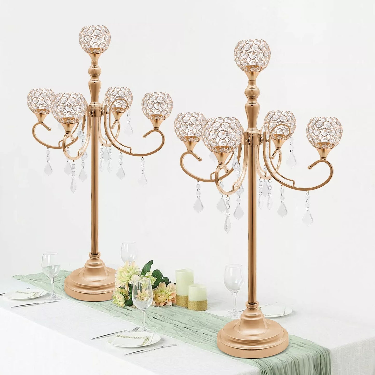 2PCS 5-Arm Crystal Candelabra Candle Holders – Gold Table Centerpieces for Weddings & Events