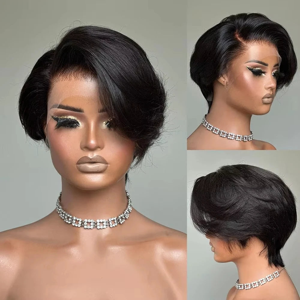 Straight Pixie Cut Human Hair Wig 13x4 Transparent Lace Front (Short Bob, Baby Hair)