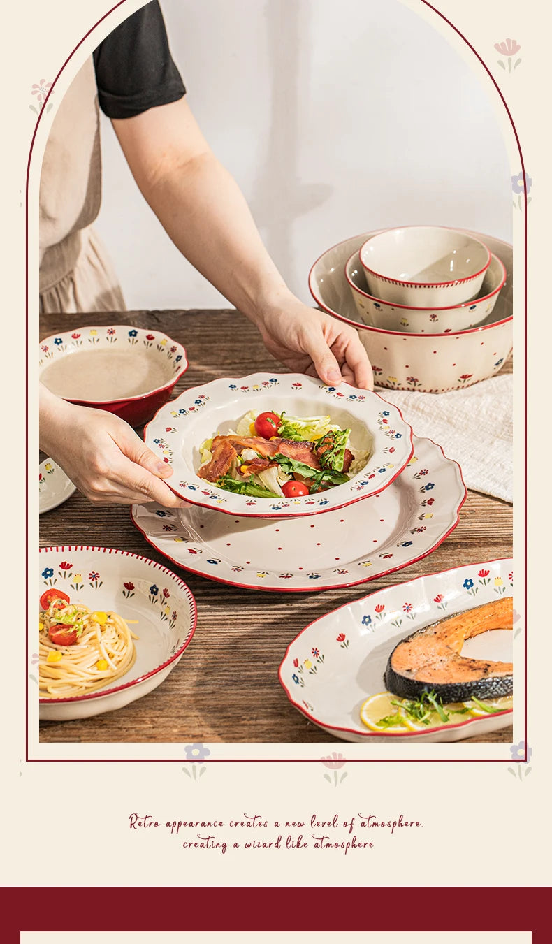 Vintage Floral Ceramic Dinnerware Set – Retro Soup Bowls, Salad & Pasta Plates, Microwave Safe Porcelain Tableware