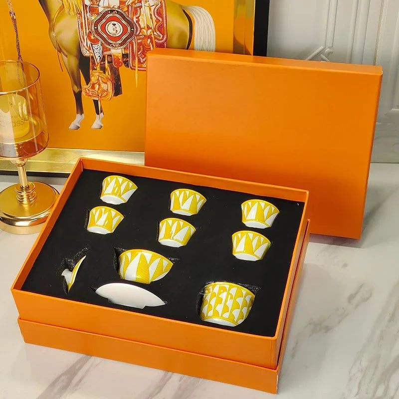 European Style Bone China Tableware Set – Sunshine Geometric Steak Plate & Cup Gift Set for Elegant Dining
