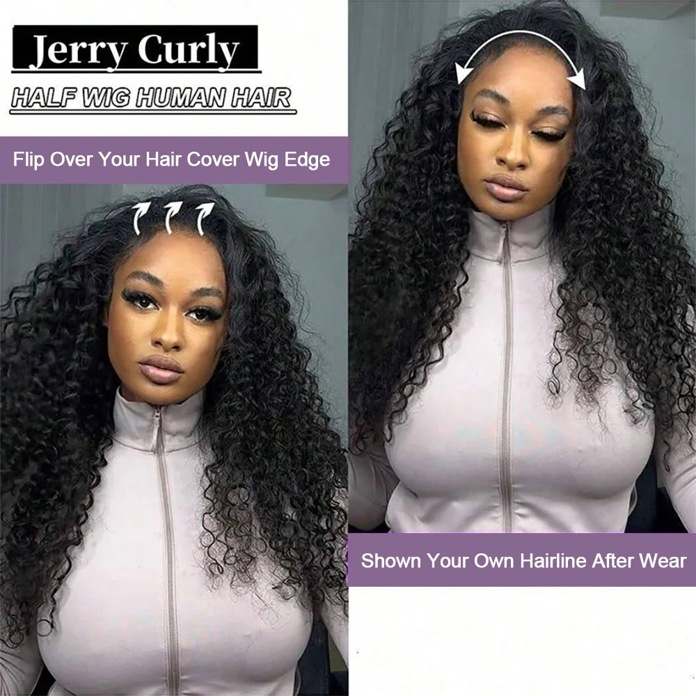 3-in-1 Drawstring Glueless Half Wig (Flip-Over Part) | 100% Remy Human Hair | Deep Wave Water Curly 18–24"