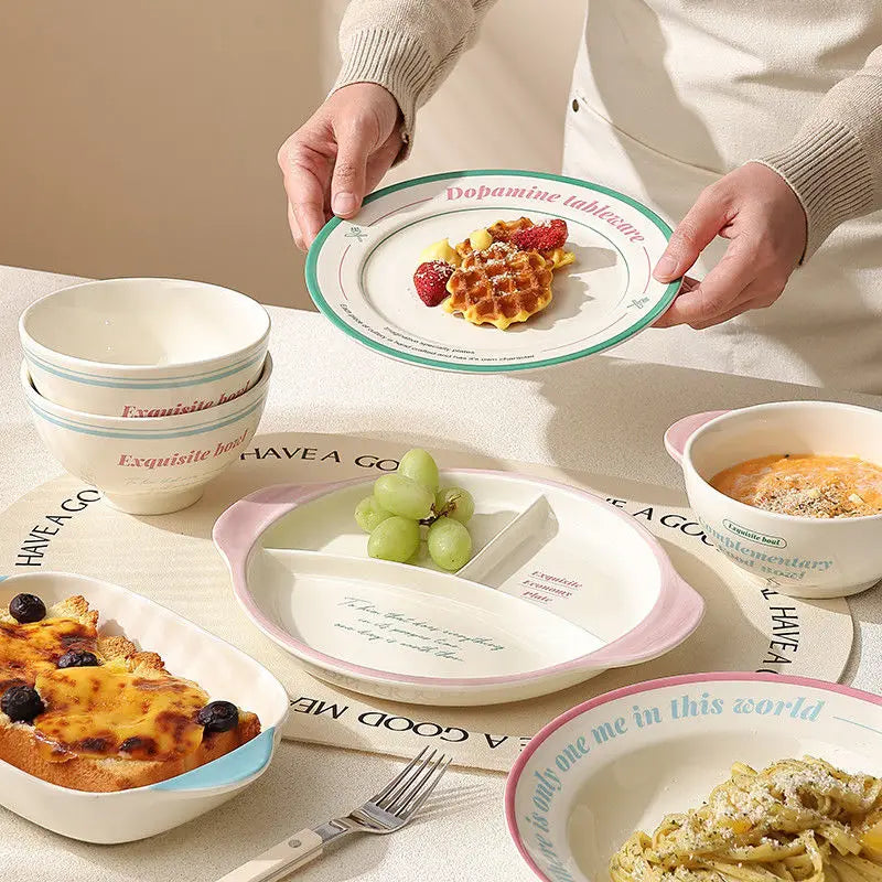 Ceramic Tableware Bowl & Plate Set for Home Use – Rice, Dessert, and Divided Plates Collection