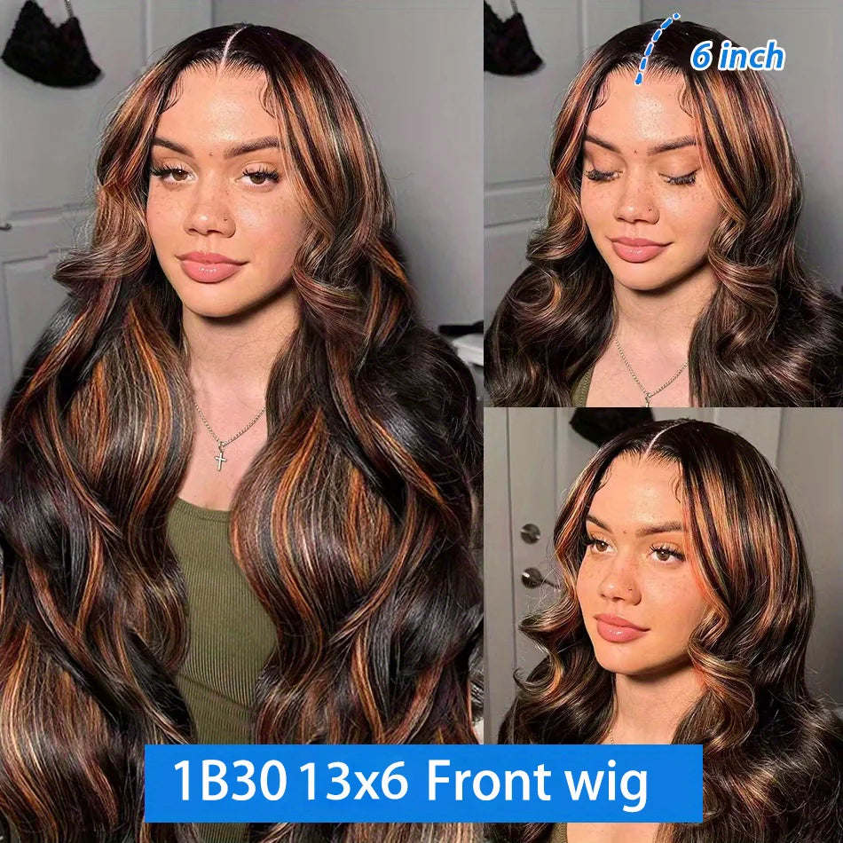 1B/30 Black Brown Body Wave 13x6 HD Lace Front Human Hair Wig (P427 Highlight Ombre, Remy Brazilian Hair)