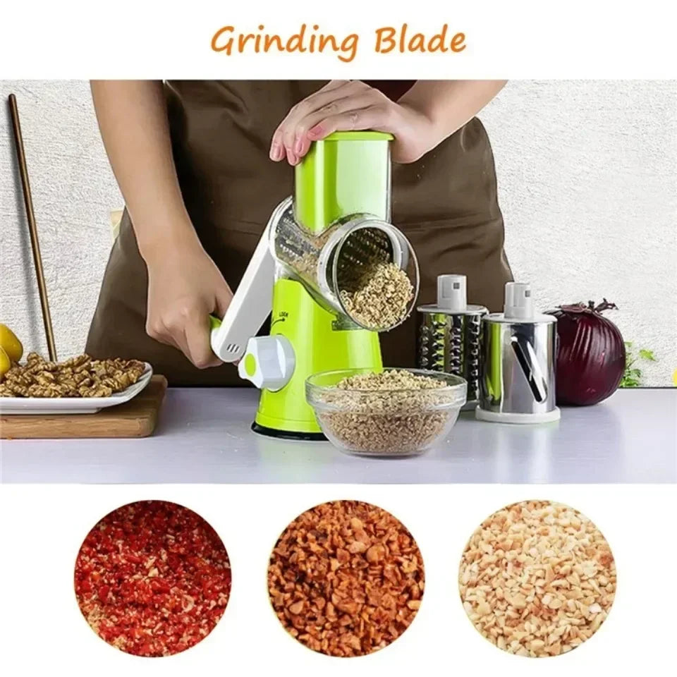 Manual Vegetable Cutter & Cheese Slicer – 3 Drum Blades for Shredding, Slicing & Grating