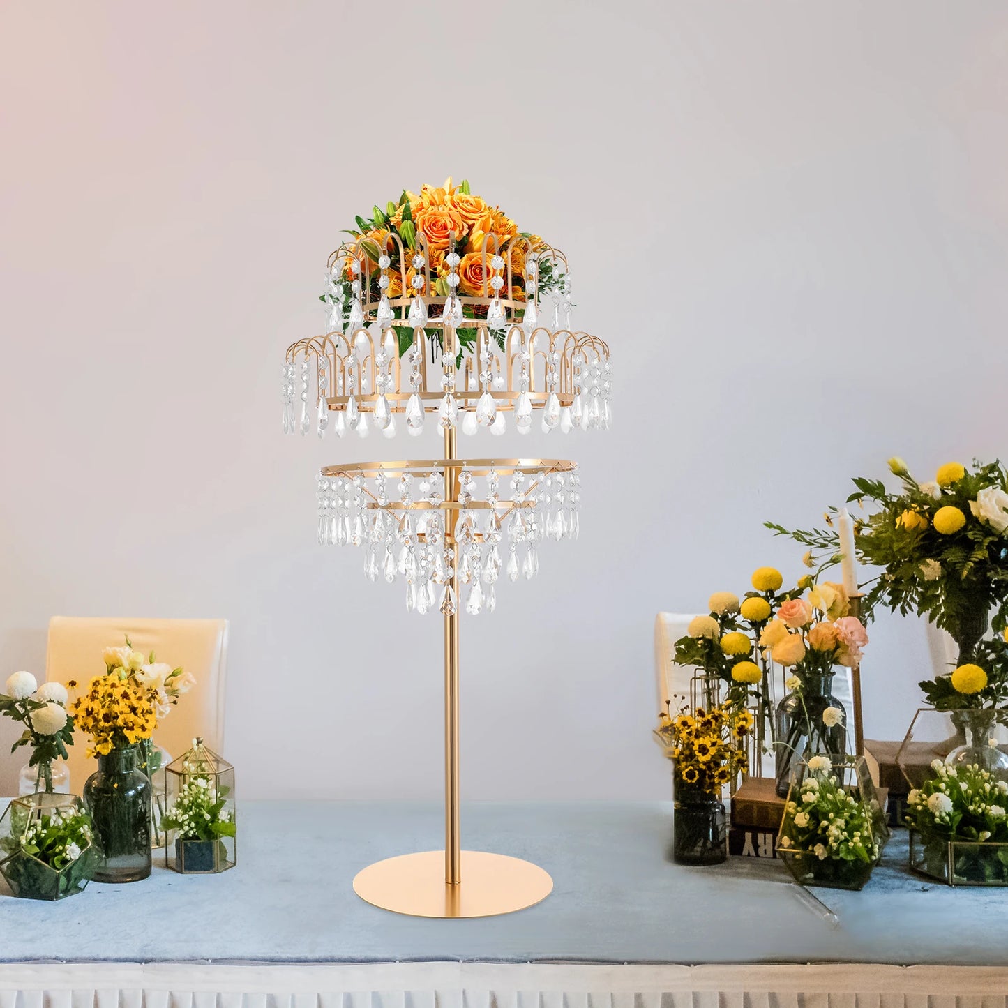 5-Tier Crystal Fountain Flower Stand – Silver & Gold Freestanding Centerpiece for Wedding, Party & Home Décor