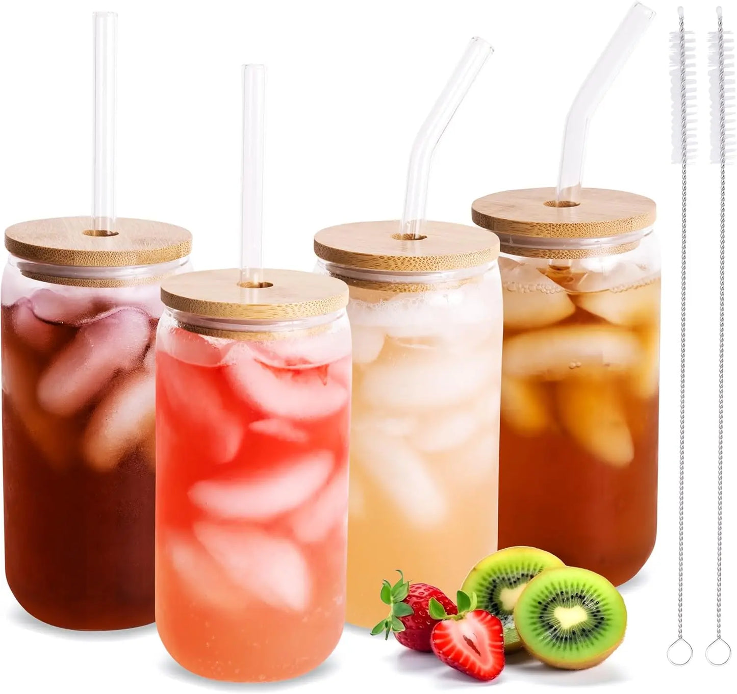 550ml Glass Cup with Bamboo Lid & Straw – Mason Jar Iced Coffee Set (4/6pcs)