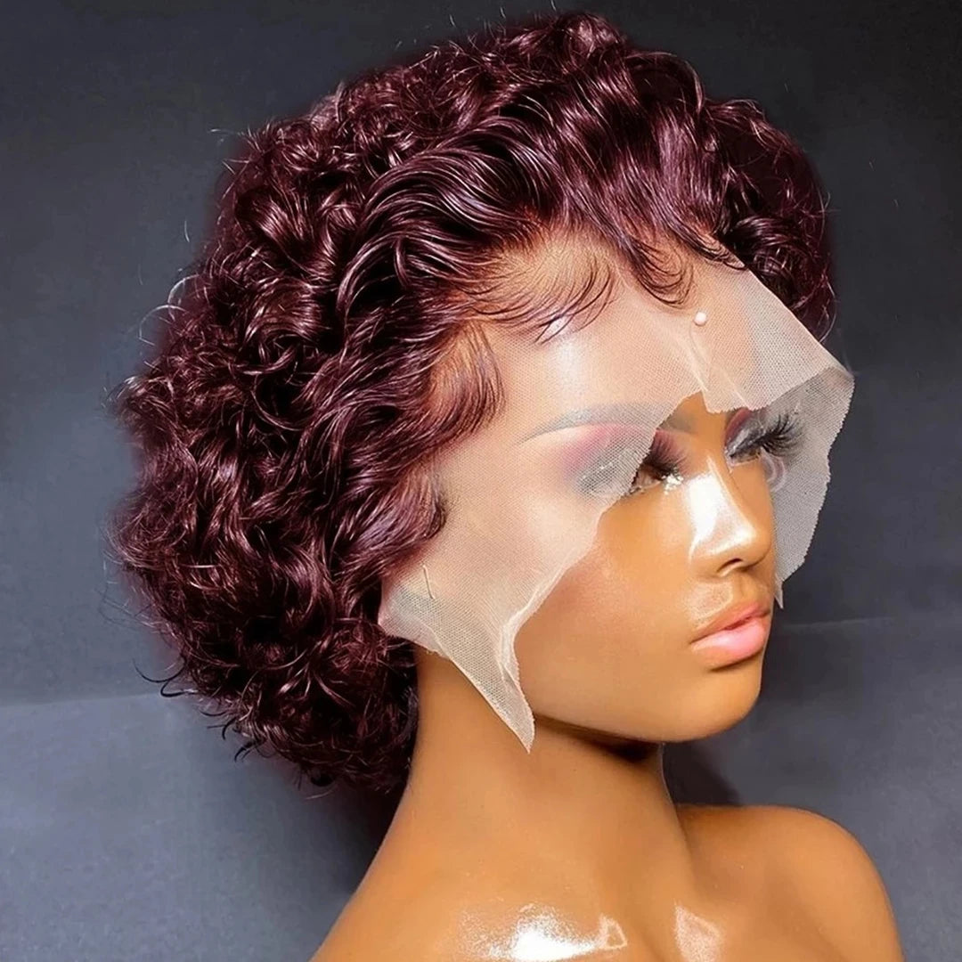 99J Burgundy Highlight Short Curly Pixie Cut Human Hair Lace Front Wig – Pre-Plucked 13×2 Bob Style