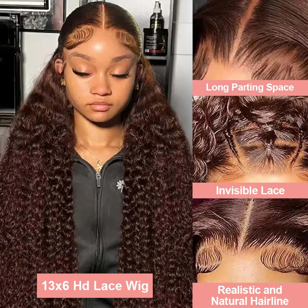 Deep Curly Chocolate Brown HD Lace Frontal Wig – 13x4 / 13x6 Virgin Brazilian Human Hair (30–36 Inch)
