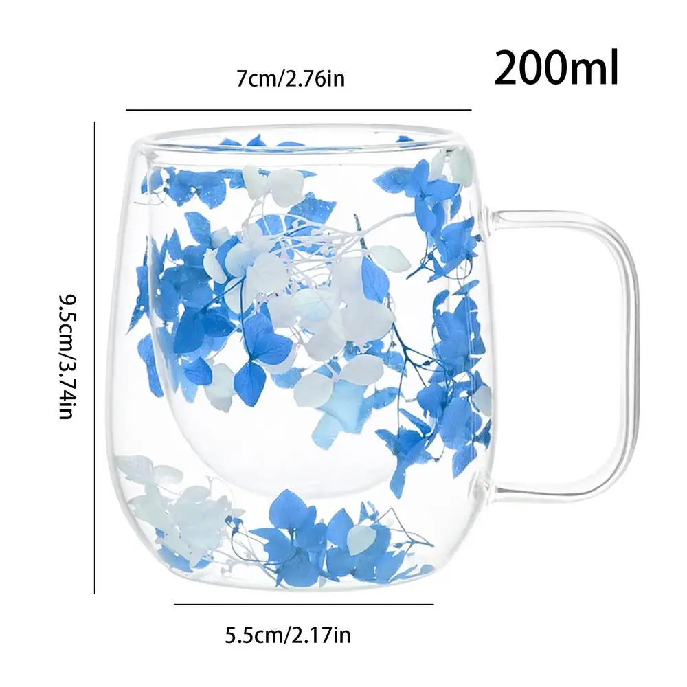 🌸 Double Wall Glass Cup 200ml – Clear Dried Flower Coffee & Tea Mug with Handle
