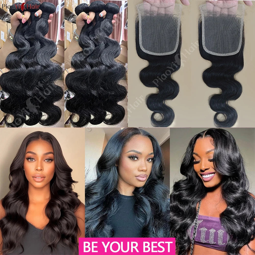 Body Wave Human Hair Bundles with Lace Closure | Brazilian Remy | 4x4 5x5 2x6 | 12-32 Inch | Natural Black