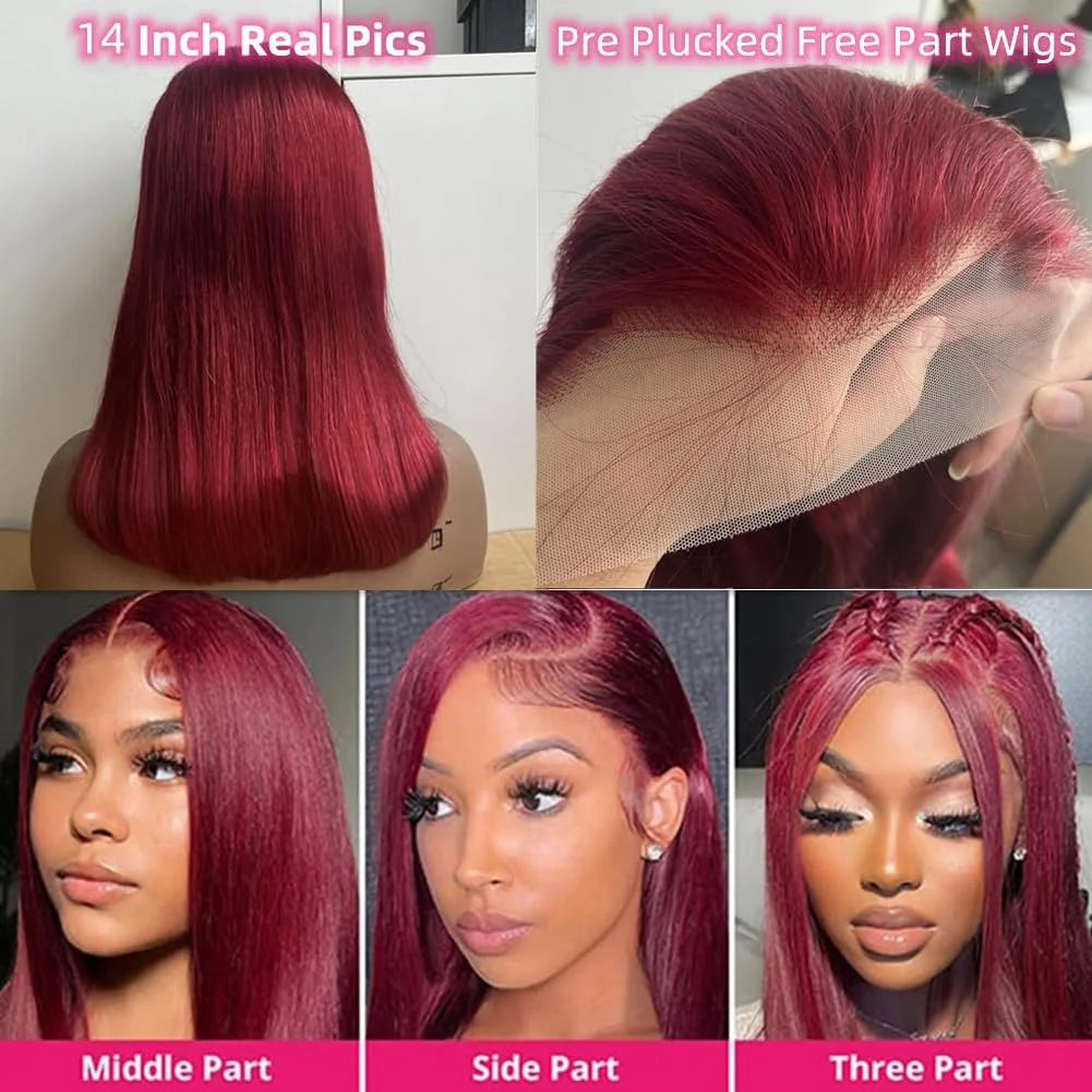99J Burgundy Bob Wig Human Hair – 13x4 Lace Frontal, Straight, Short Red Wig