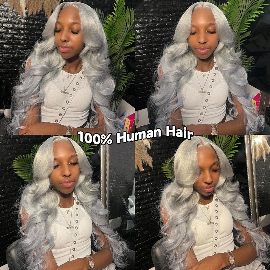 Transparent 13x6 Silver Grey Body Wave Human Hair Lace Front Wig – Pre-Plucked, 250–300% Density, Long Remy Brazilian Hair