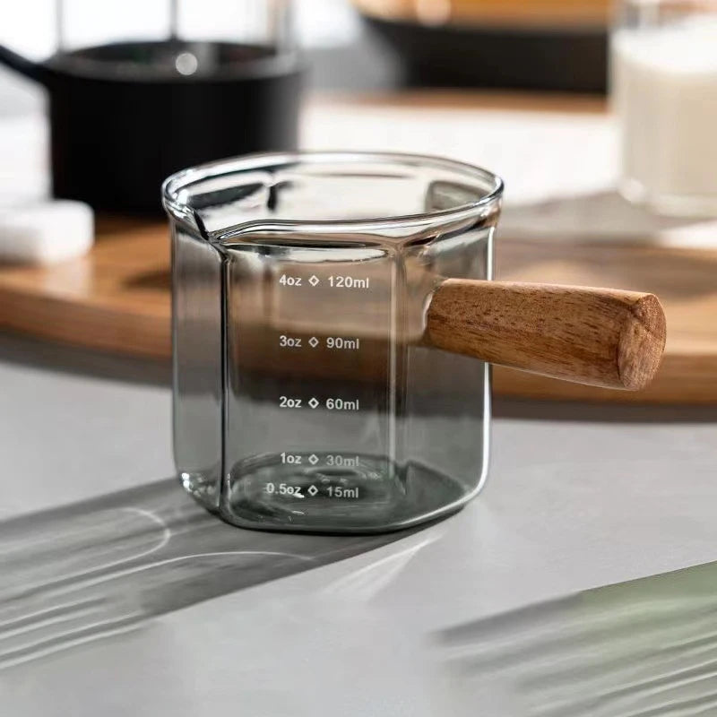 120ml Heat-Resistant Glass Espresso Measuring Cup with Wooden Handle