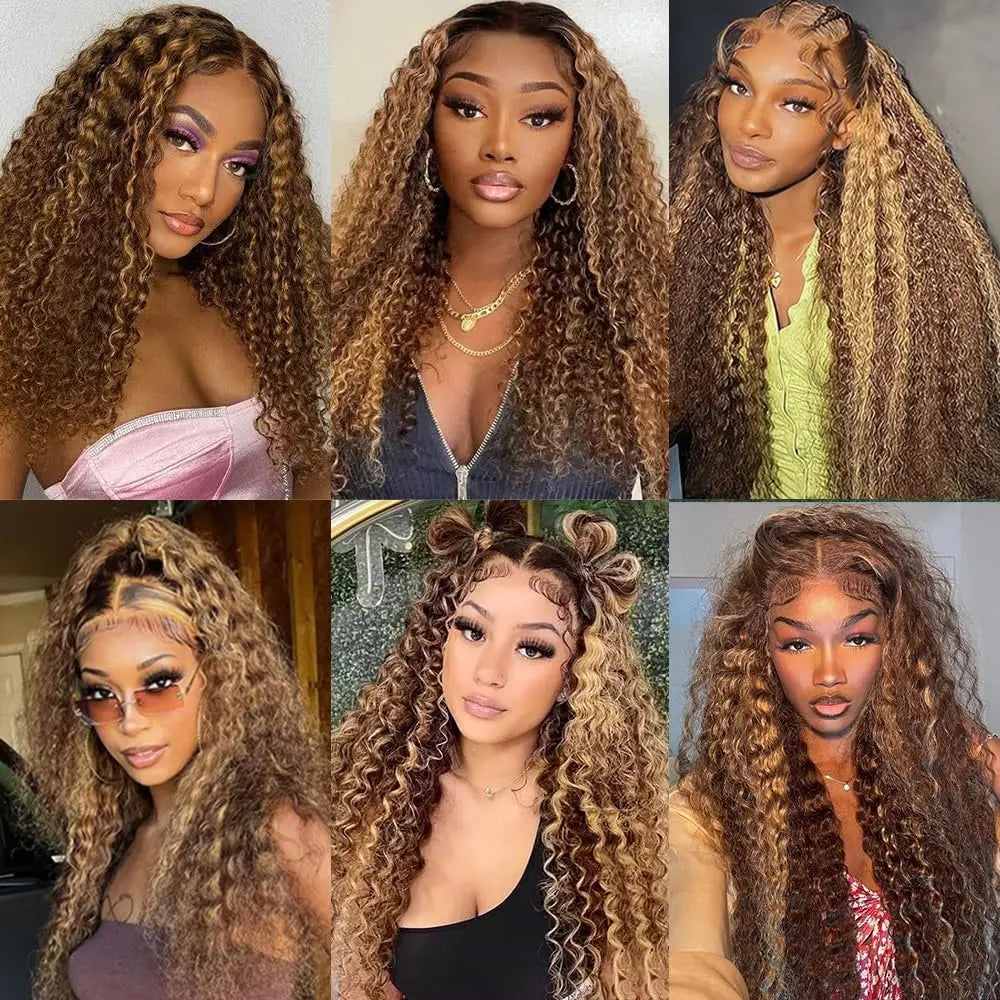 Honey Blonde Highlight Kinky Curly HD Lace Front Human Hair Wig (13x6, 30")