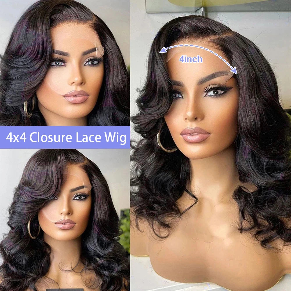 Black Body Wave Bob 13x4 Lace Front Wig (4x4 Closure Option) – 100% Human Hair, Pre-Plucked, Transparent Lace