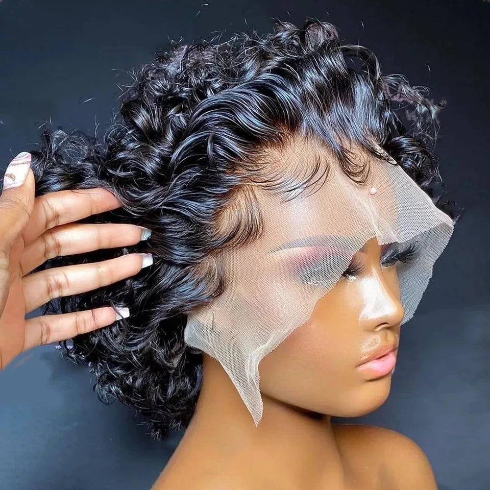 99J Burgundy Highlight Short Curly Pixie Cut Human Hair Lace Front Wig – Pre-Plucked 13×2 Bob Style