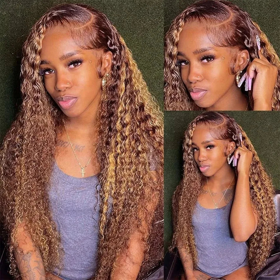 Honey Blonde Highlight Kinky Curly HD Lace Front Human Hair Wig (13x6, 30")