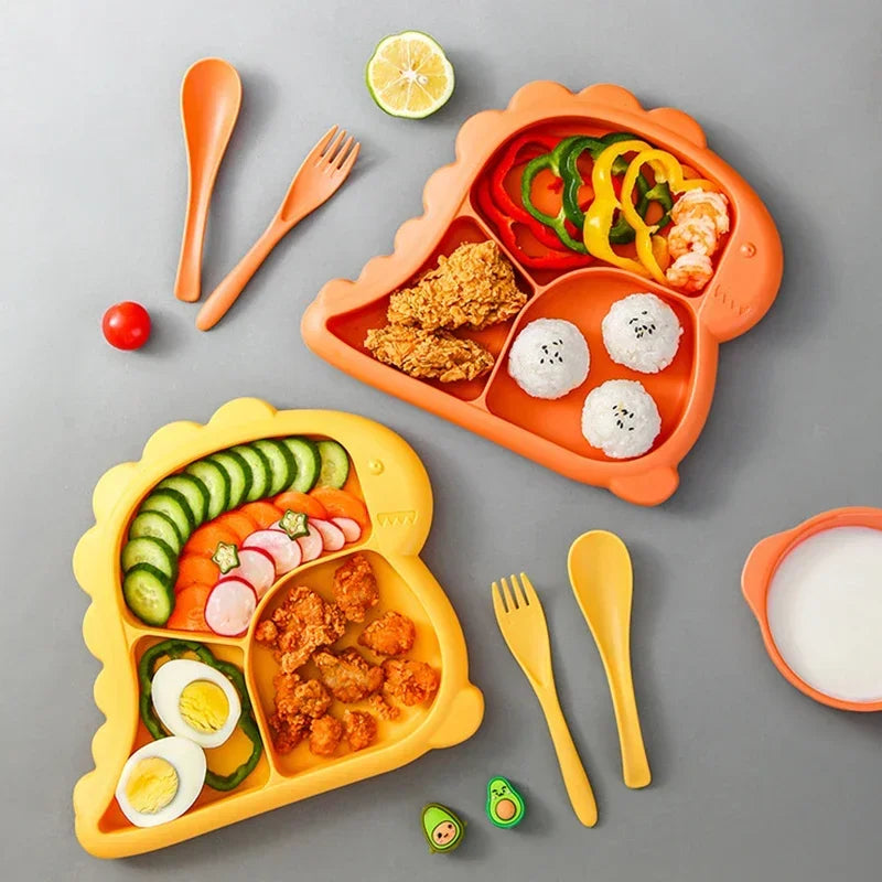 Dinosaur Baby Tableware Set – Large 3-Compartment Plate with Spoon & Fork for Balanced Meals
