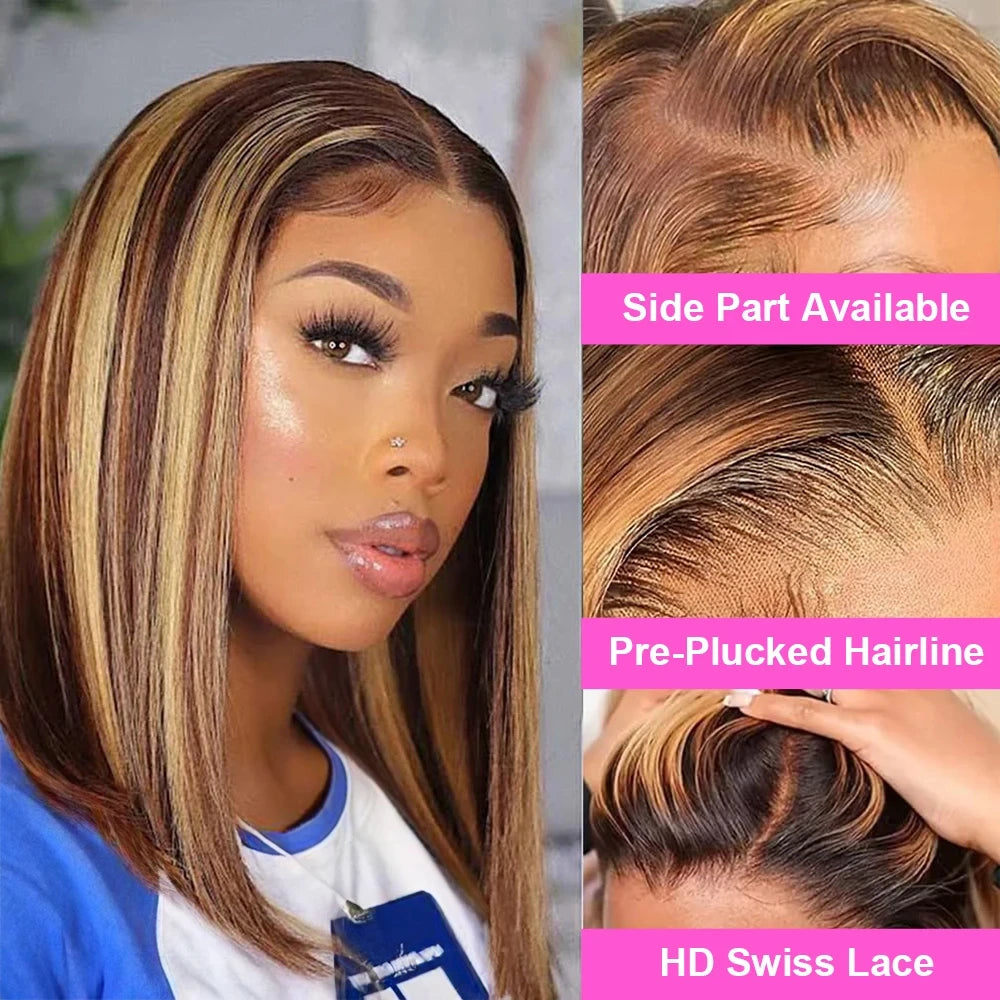 4/27 Ombre Highlight Straight Bob Human Hair Wig 13x4 Transparent Lace Front (Remy, Pre-Plucked)