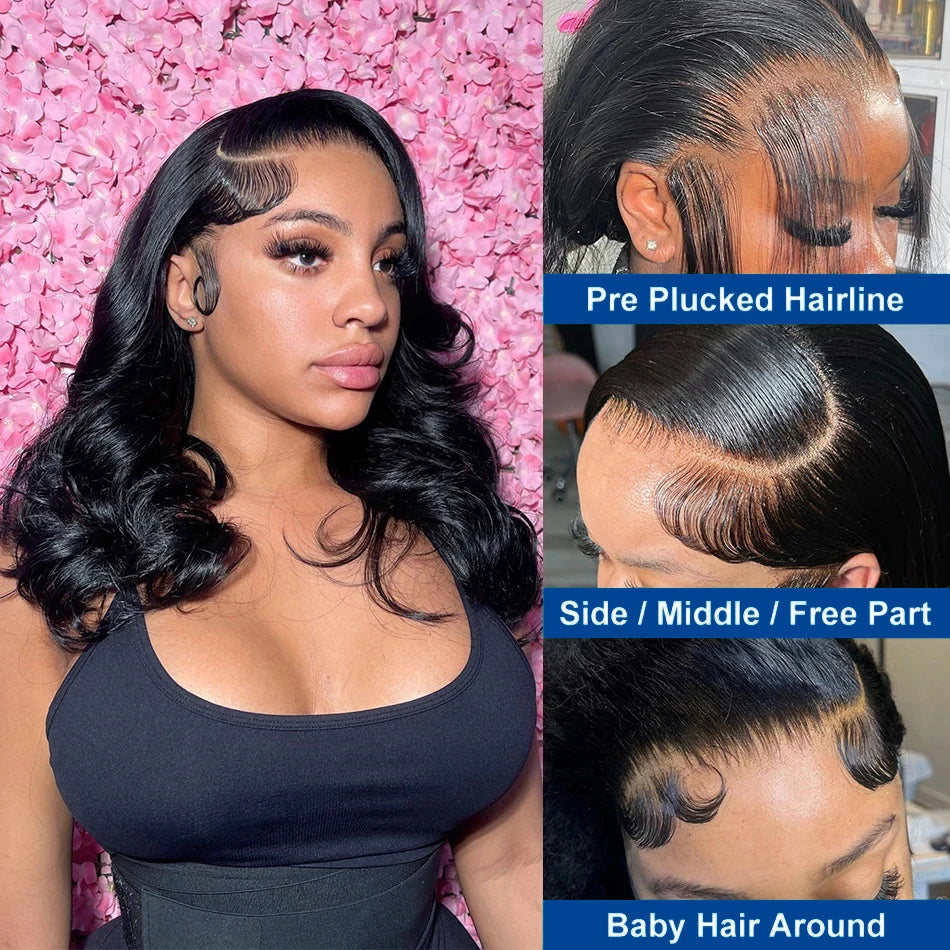 220% Density Body Wave Short Bob 13x4 HD Transparent Lace Front Human Hair Wig (1B Natural Black) – Pre-Plucked
